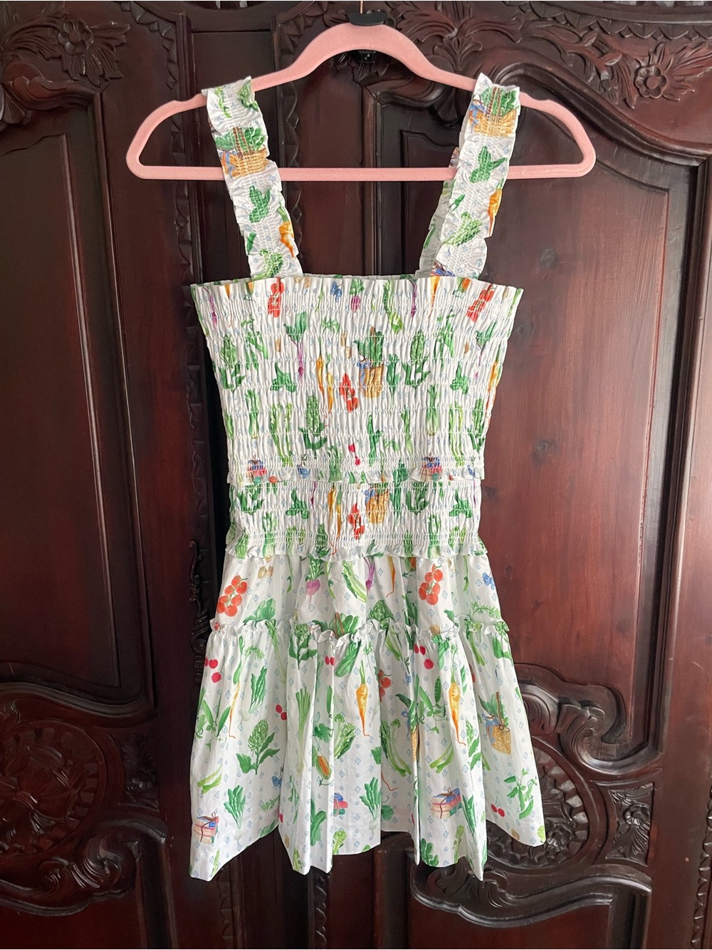 Hill House White Smocked Mini Dress with Garden Print